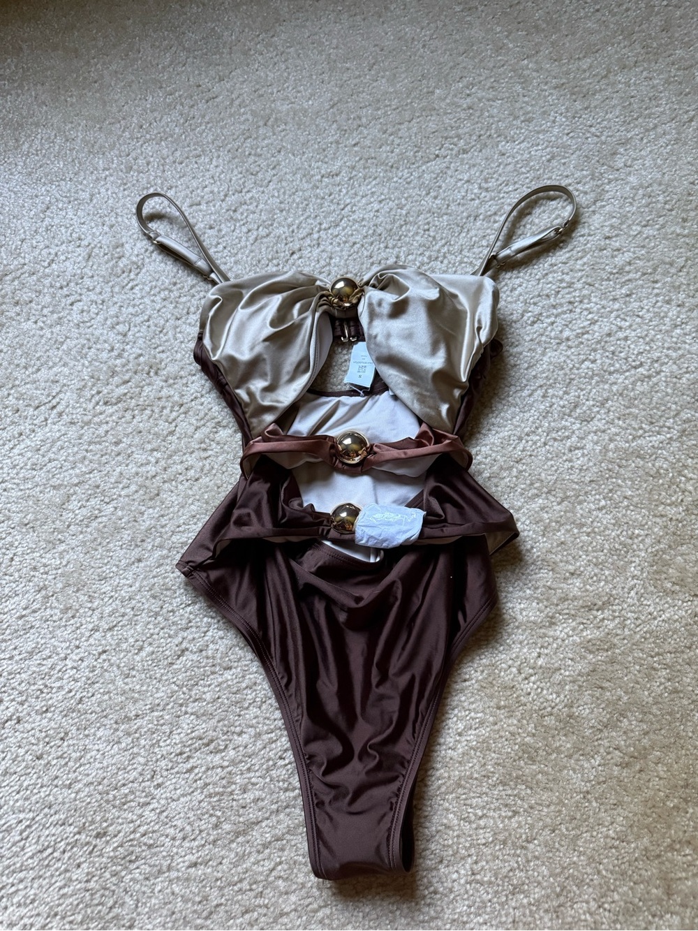 Cupshe Champagne and Brown Cutout One-Piece Swimsuit with Gold Rings